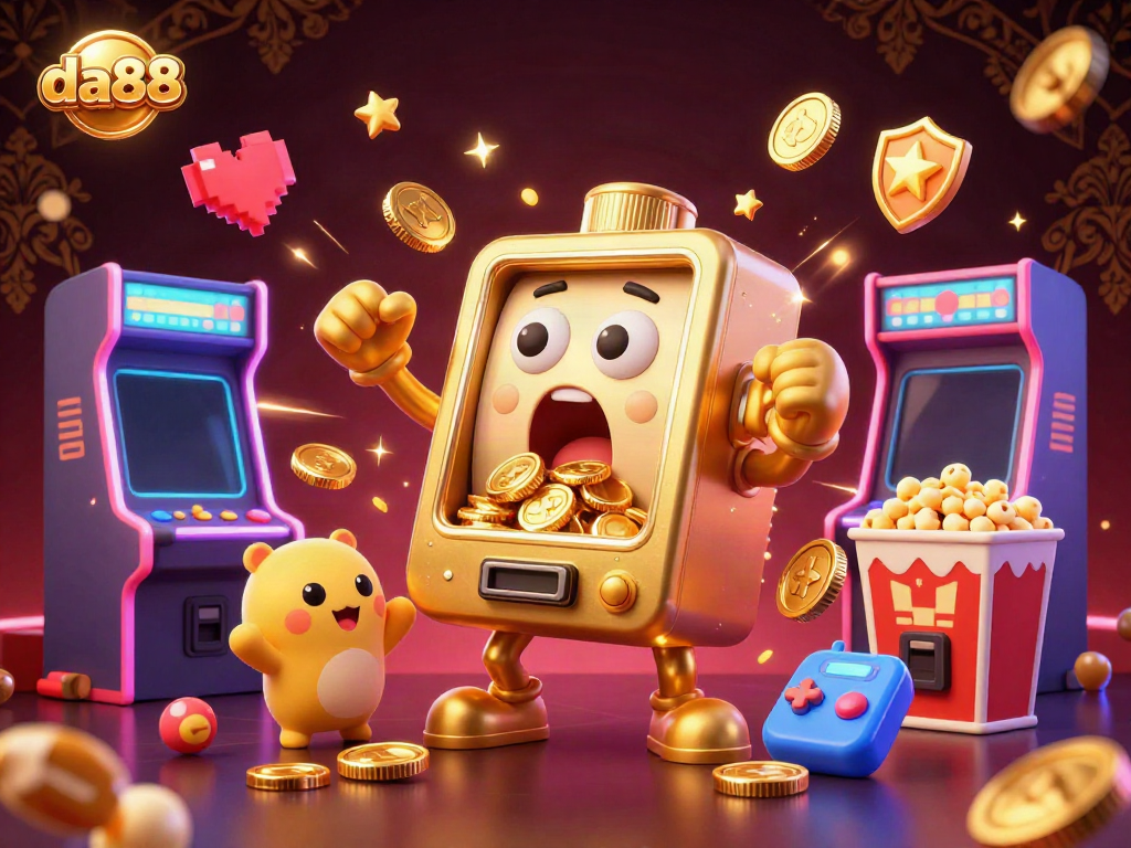 Experience thrilling gaming at da88 with a lively illustration of a golden slot machine celebrating a jackpot, surrounded by cheer.