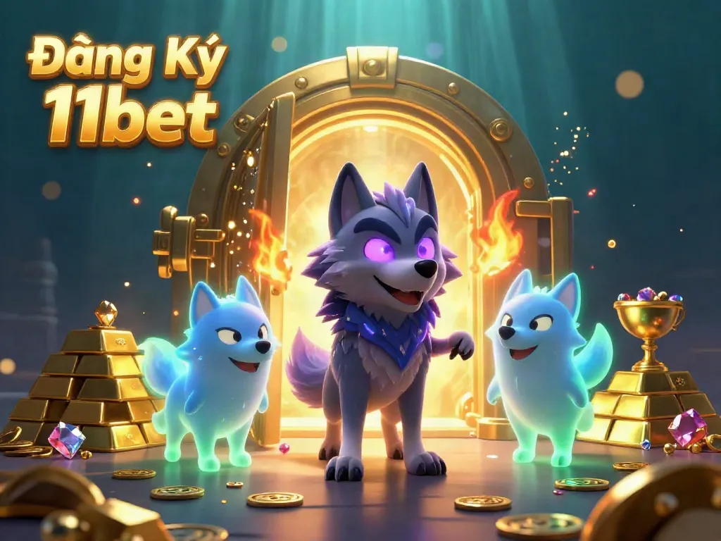 Engage with Đăng Ký 11bet in an immersive 3D casino setting, featuring glowing wolves and treasure.