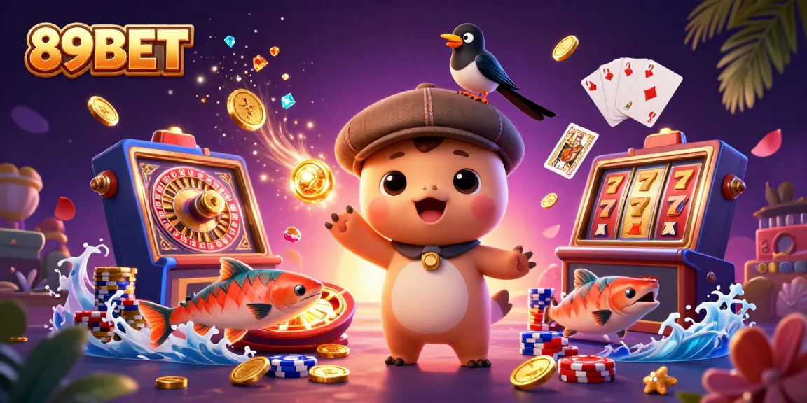 Engage with thrilling slots and jackpots at 89BET with colorful gold and cheerful characters.