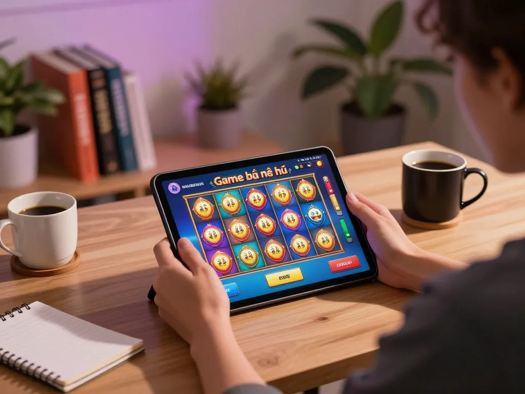Engaging in Game bài nổ hũ on a tablet at a cozy home gaming setup.