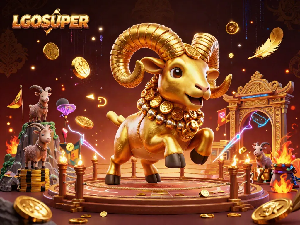 Engage with games at LGOSUPER, where a golden ram charges through a vibrant casino arena.
