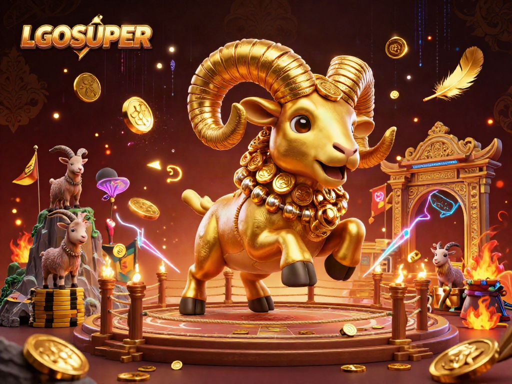 Engage with games at LGOSUPER, where a golden ram charges through a vibrant casino arena.