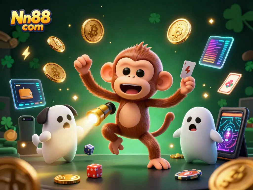 Experience thrilling gaming with Nn88 com in this dynamic 3D illustration showcasing a mischievous monkey and ghost-hunting puppy in a haunted casino.