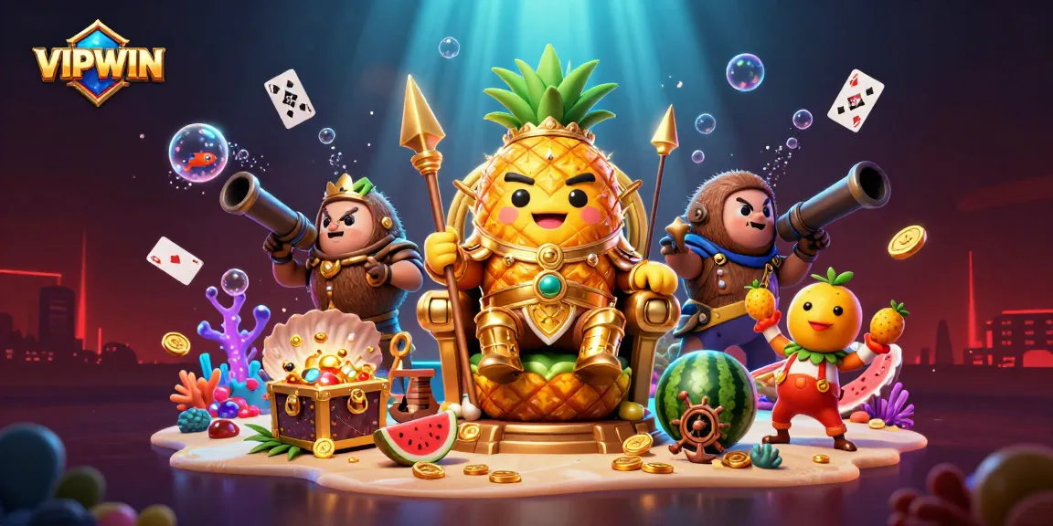Entertainment at VIPWIN: Join the fun with our golden pineapple king and tropical allies!