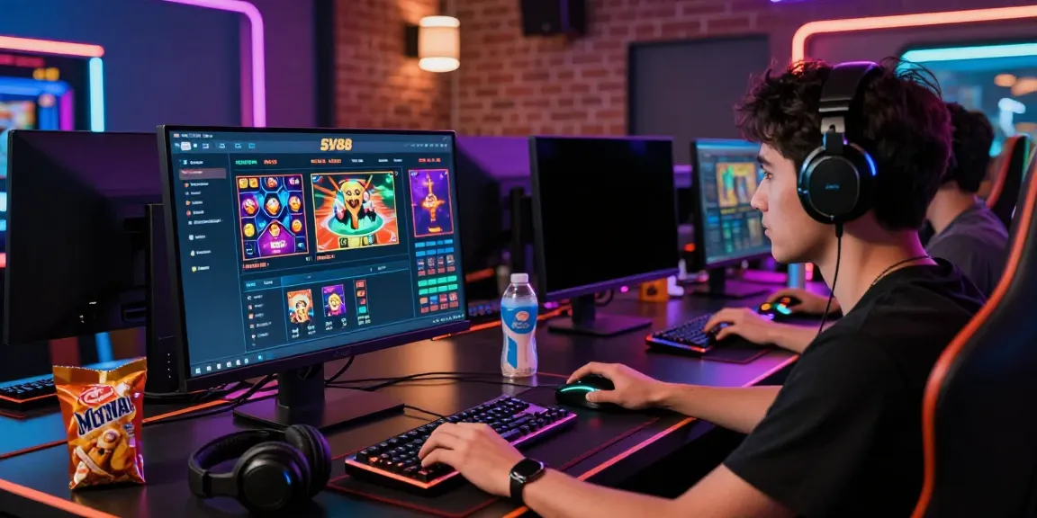 Gamer engaging with the SV88 platform in a vibrant digital casino setting.