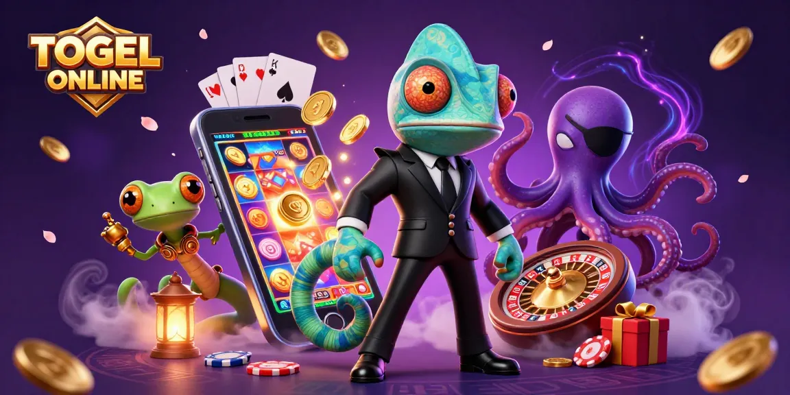 Engage with TOGEL ONLINE as a chameleon, gecko, and octopus navigate a vibrant casino scene.