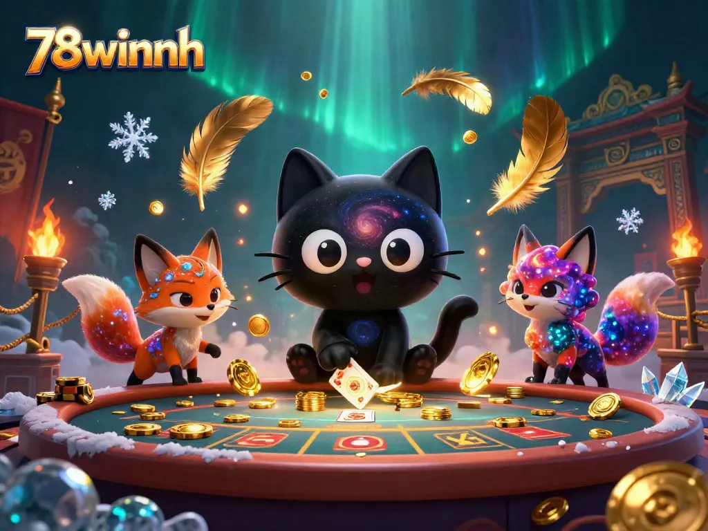 Engage with vibrant action at 78winnh as the black hole cat pulls in casino chips amidst swirling cosmic elements.