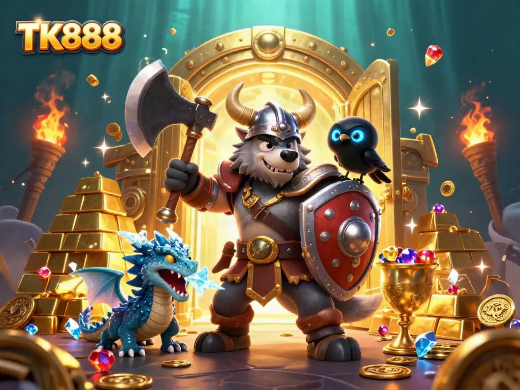 Engage in winning strategies with TK888, showcasing a vibrant scene filled with treasures and gaming characters.