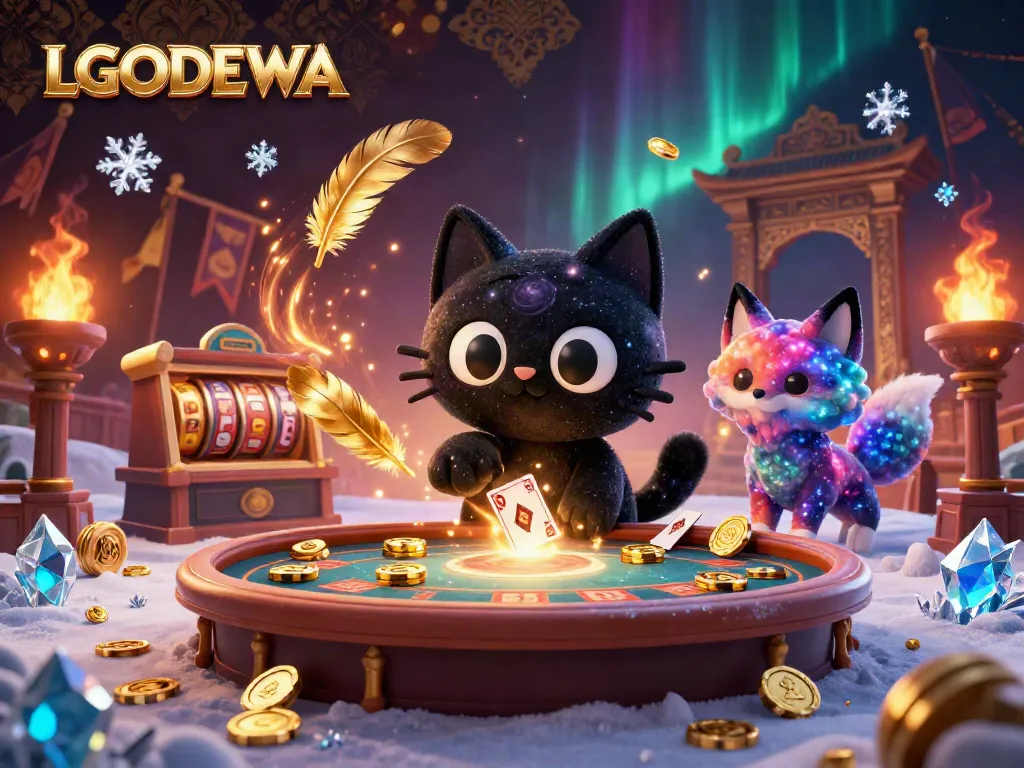 Experience LGODEWA's captivating universe as the enchanting black hole cat pulls in casino chips in a colorful cosmic setting.