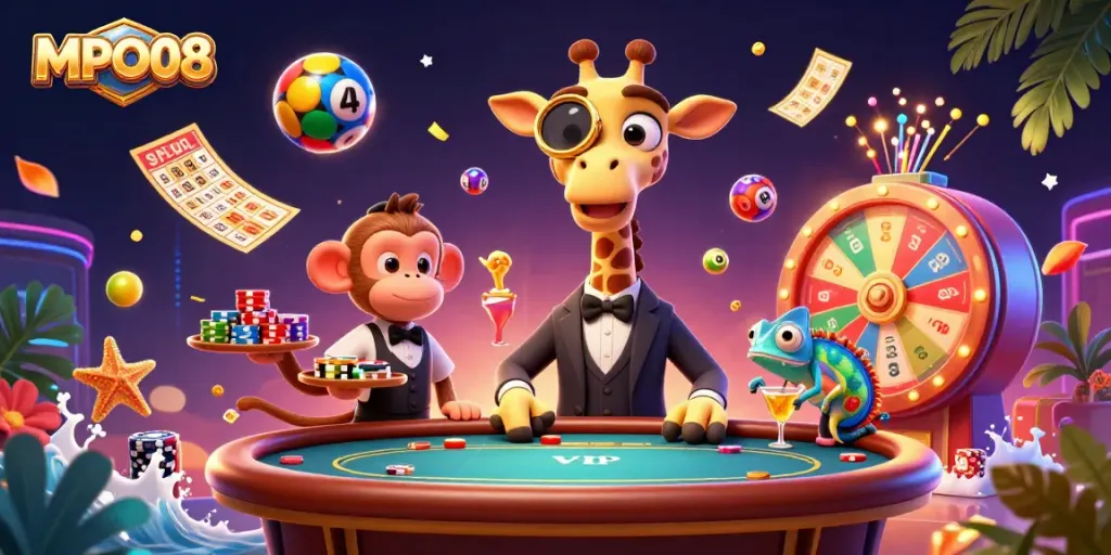 MPO08 showcases a vibrant casino scene with dynamic characters and colorful elements, engaging in thrilling gameplay.