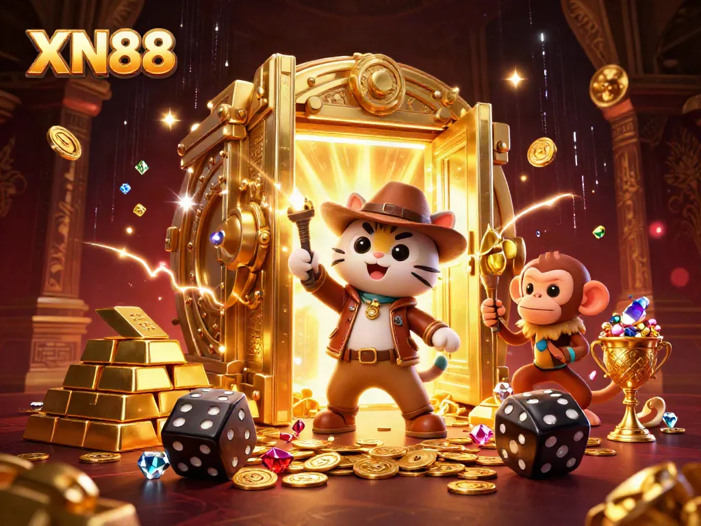 Experience the thrill of XN88 as a cartoon explorer cat unveils golden artifacts in a vibrant casino adventure.