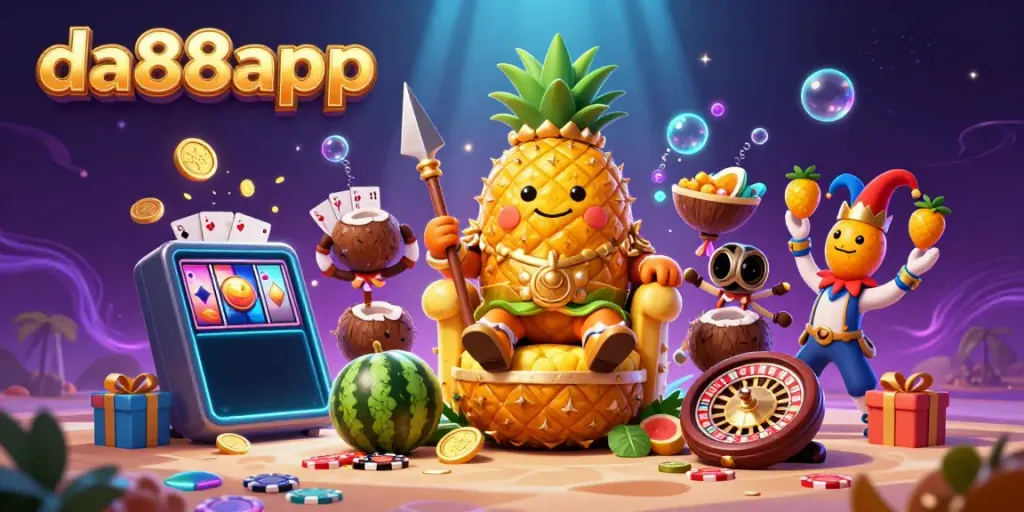 Spin to win with da88app's golden pineapple king and vibrant casino elements, showcasing an exciting gambling atmosphere.