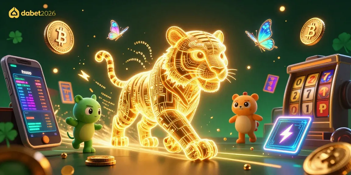 Engage with dabet2026 in a vibrant online casino scene filled with golden tiger and crypto elements.