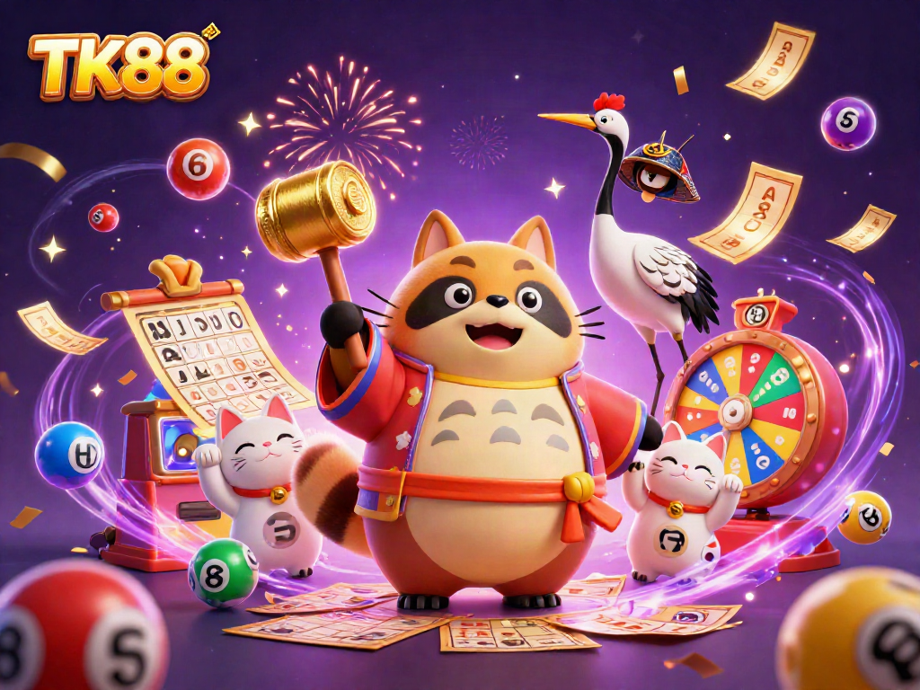 Engage in winning at TK88 with cheerful characters and vibrant gaming elements in a festive 3D display.