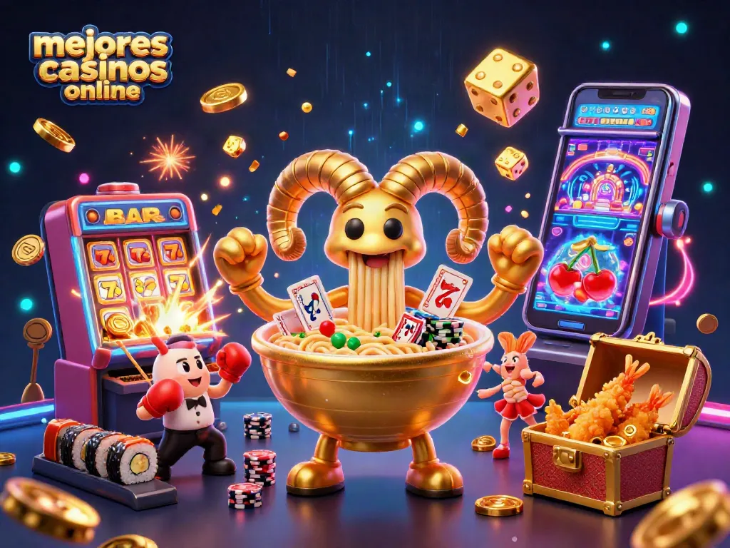 Ilustración de un casino online con los mejores casinos online que muestra un bol de ramen 3D y un emocionante entorno de juego.