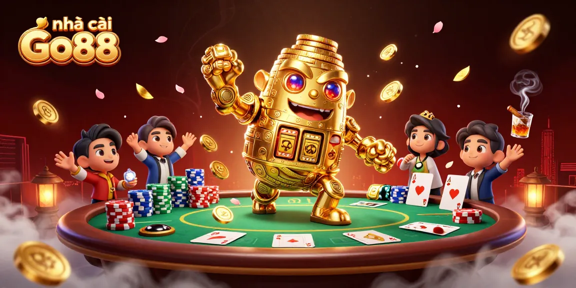 Engage with nhà cái Go88 through this vibrant 3D illustration of an ancient golden golem amidst casino games.