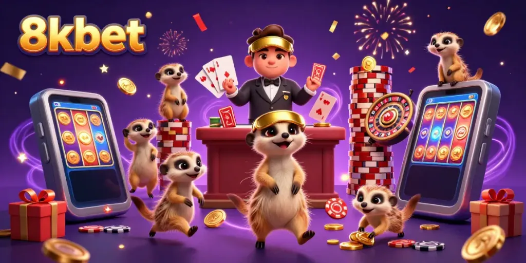 Engage in thrilling gaming with 8xbet in a vibrant casino scene featuring meerkats and diverse game elements.