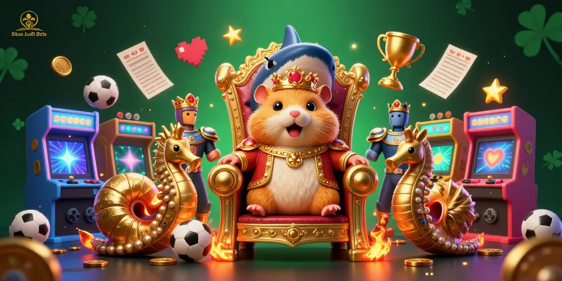 Situs Judi Bola illustration showcasing a hamster king on a megalodon throne with sports betting elements.