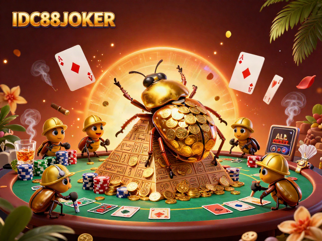 Engaging illustration of IDC88JOKER with a golden dung beetle rolling coins, showcasing vibrant casino elements.