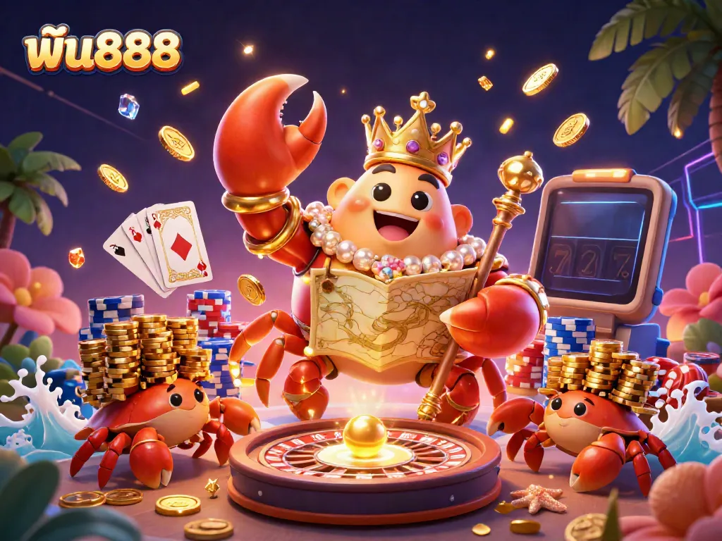 Experience the thrills of ฟัน888 with a 3D cartoon crab emperor amidst vibrant casino elements.