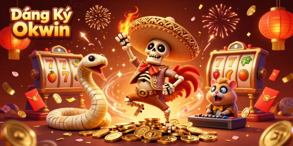 Experience the thrill of winning at Đăng Ký Okwin with vibrant skeleton and festive casino elements.