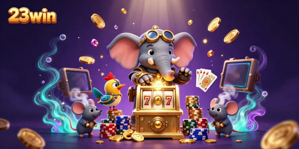 Engage with dynamic gaming elements at 23win featuring steampunk characters and bursting casino themes.