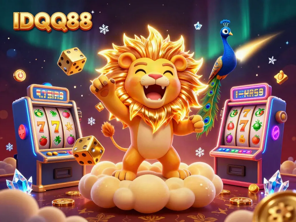 Play and win with IDQQ88 as the colorful slot machines spin alongside vibrant casino elements.