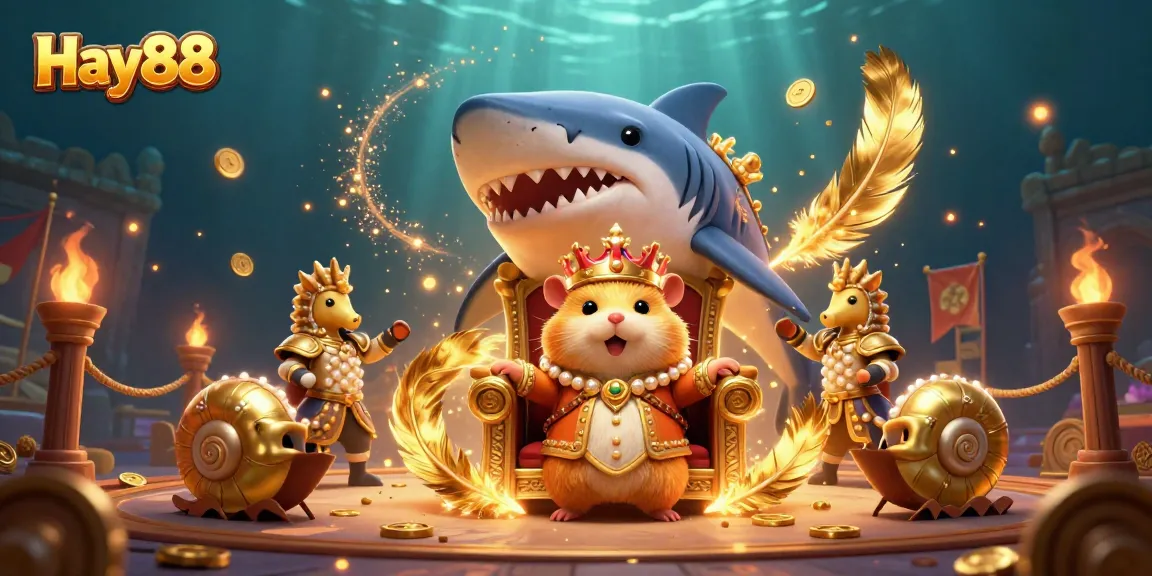 Experience Hay88's thrilling casino action with a golden hamster king amidst vibrant game elements.