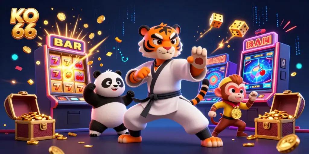 Engage with KO 66 through a dynamic casino scene featuring a kung fu tiger and vibrant slot elements.