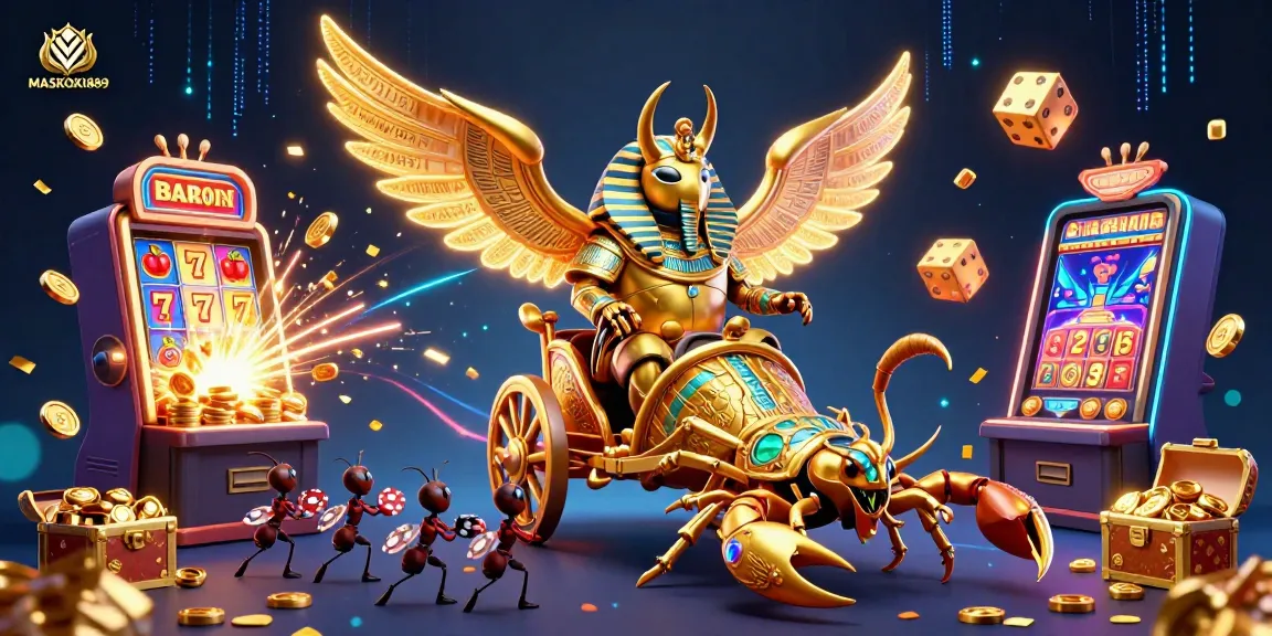 Experience thrilling gameplay with MASKOKI889, featuring vibrant animated casino elements like a golden scarab beetle.
