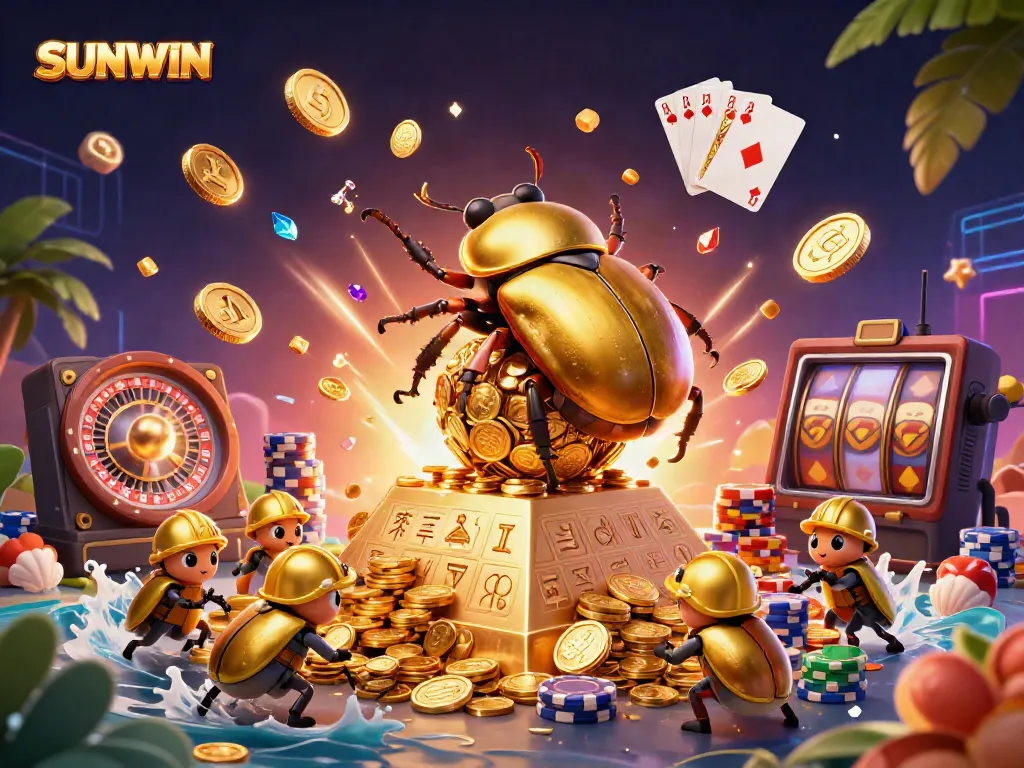 SUNWIN showcases a dynamic 3D casino illustration with golden beetles rolling coins and casino elements.