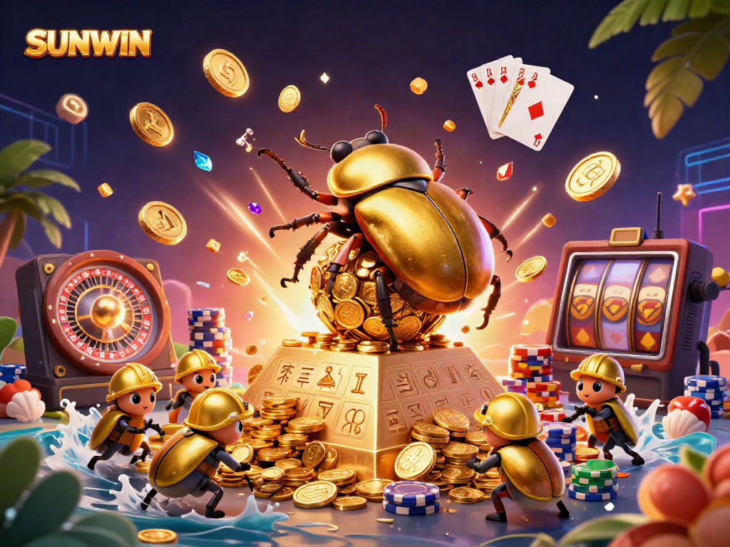 SUNWIN showcases a dynamic 3D casino illustration with golden beetles rolling coins and casino elements.