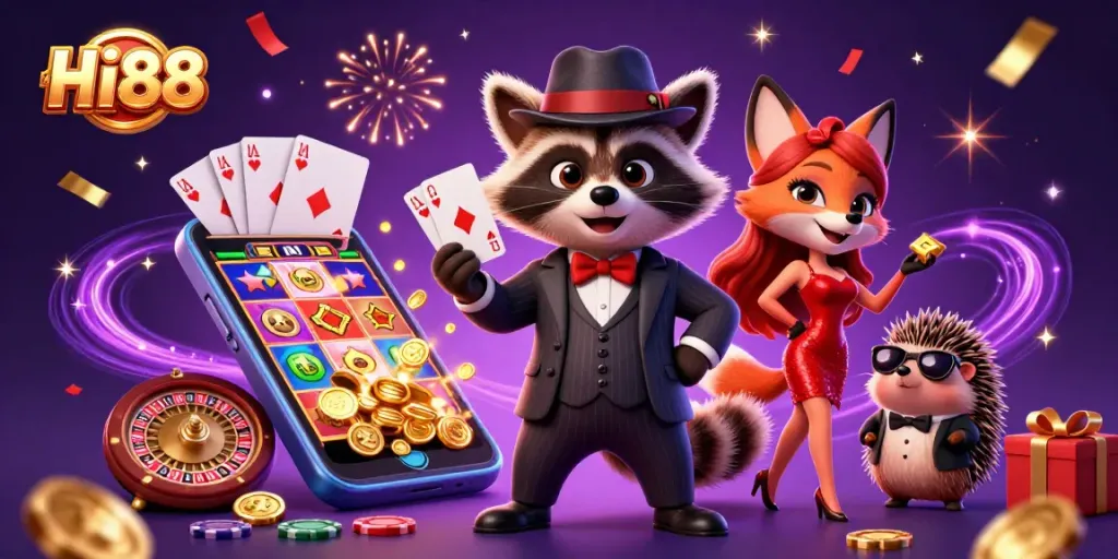 Experience Hi88's thrilling online gaming with rich casino elements and characters set in vibrant colors.