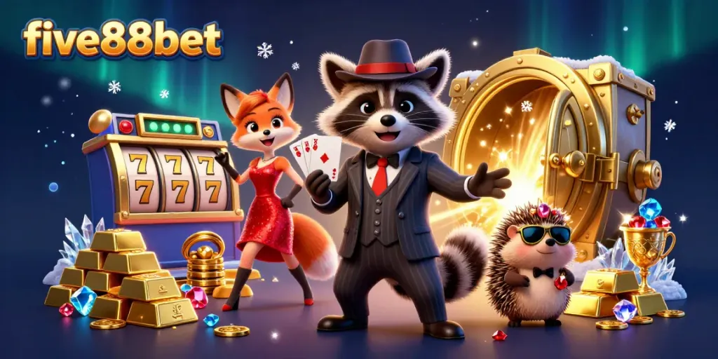 Experience excitement at five88bet with a suave raccoon, dazzling fox, and hedgehog amidst symbols of wealth and fortune.