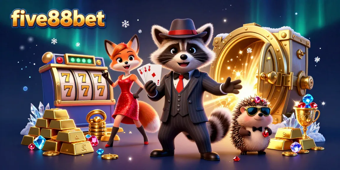 Experience excitement at five88bet with a suave raccoon, dazzling fox, and hedgehog amidst symbols of wealth and fortune.