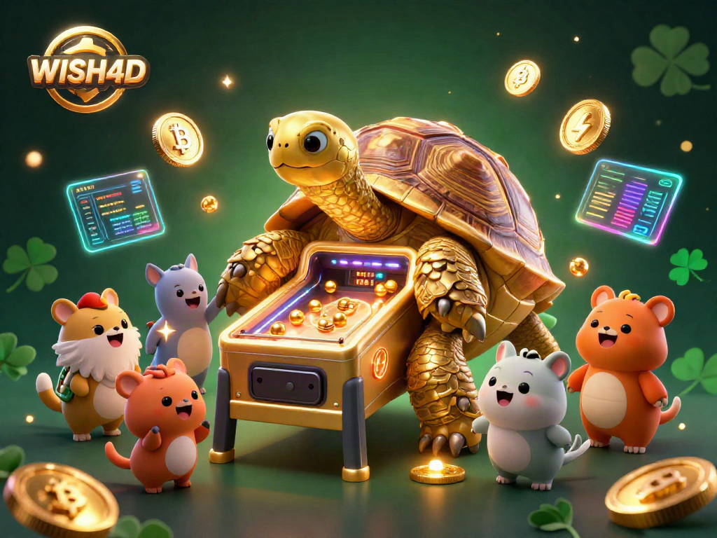 WISH4D showcases a dynamic scene with a golden tortoise pinball machine, crypto coins, and vibrant casino elements.