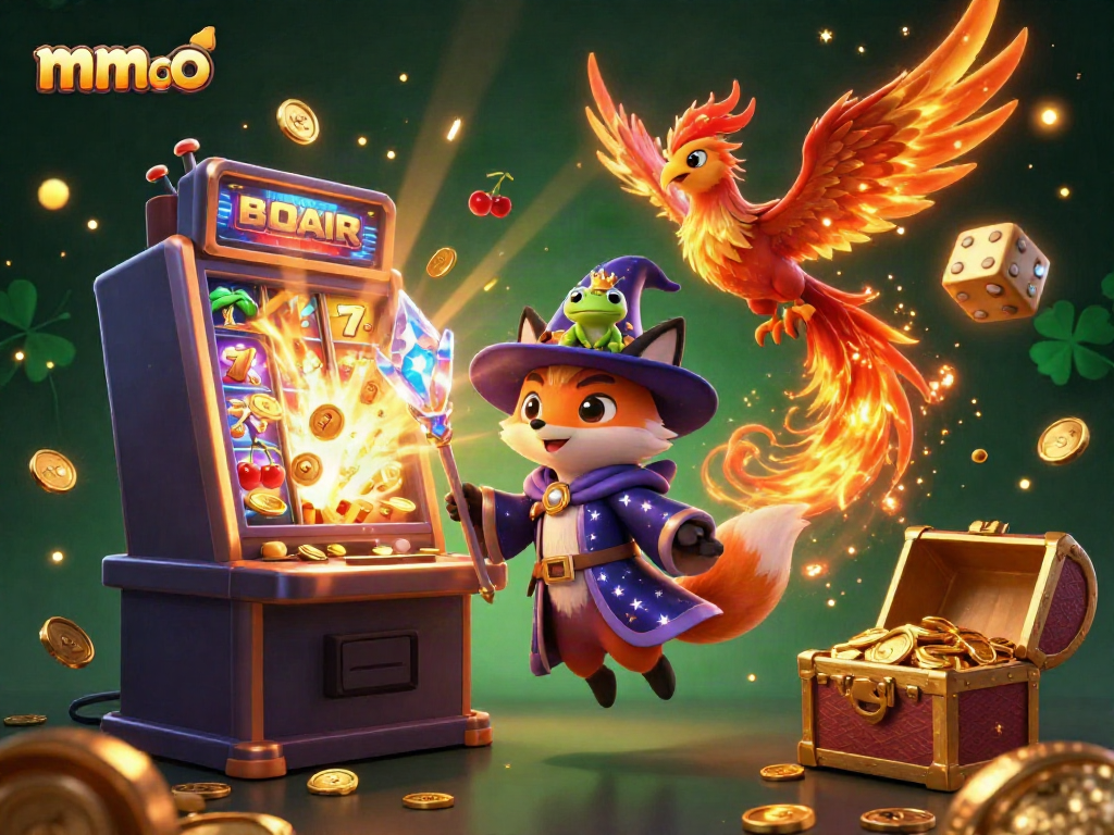 Experience thrilling casino action with the mmoo wizard and phoenix amidst an exuberant jackpot scene.