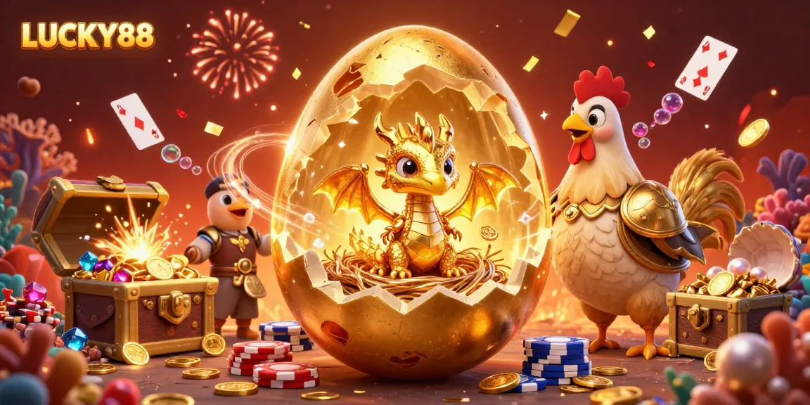 Join the LUCKY88 gaming adventure with a golden baby dragon and poker chips amidst rich casino-themed elements.