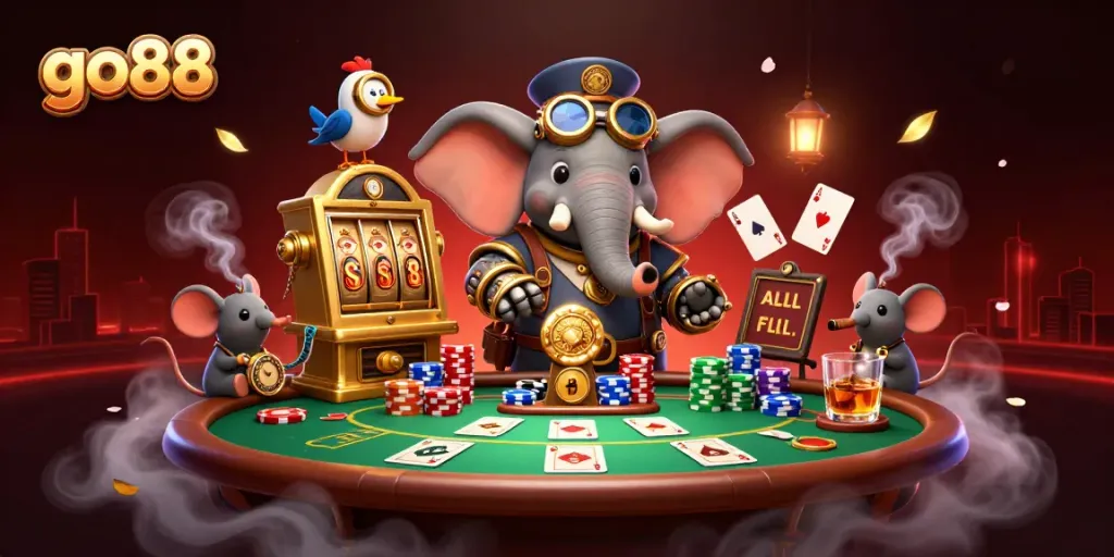 Experience thrilling gaming at go88 with steampunk elephant and vibrant casino scene.