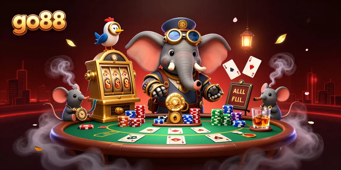 Experience thrilling gaming at go88 with steampunk elephant and vibrant casino scene.