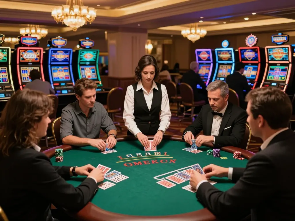 GK88 players strategizing in a lively blackjack game at a luxurious casino setting.