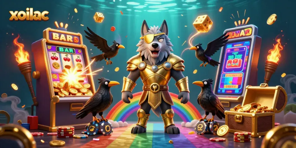 Xoilac streamers enjoy an exciting jackpot win with the vibrant atmosphere of a 3D casino.