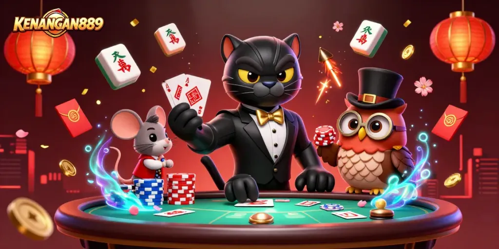 Experience KENANGAN889: A stylish illustration of a panther dealing cards amid a vibrant casino atmosphere.