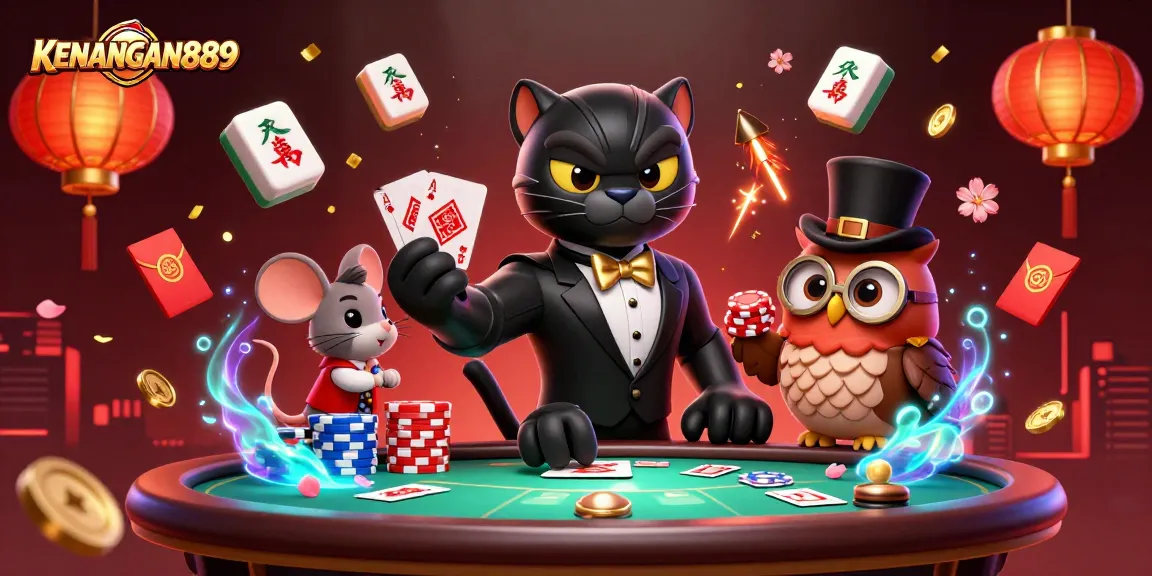 Experience KENANGAN889: A stylish illustration of a panther dealing cards amid a vibrant casino atmosphere.