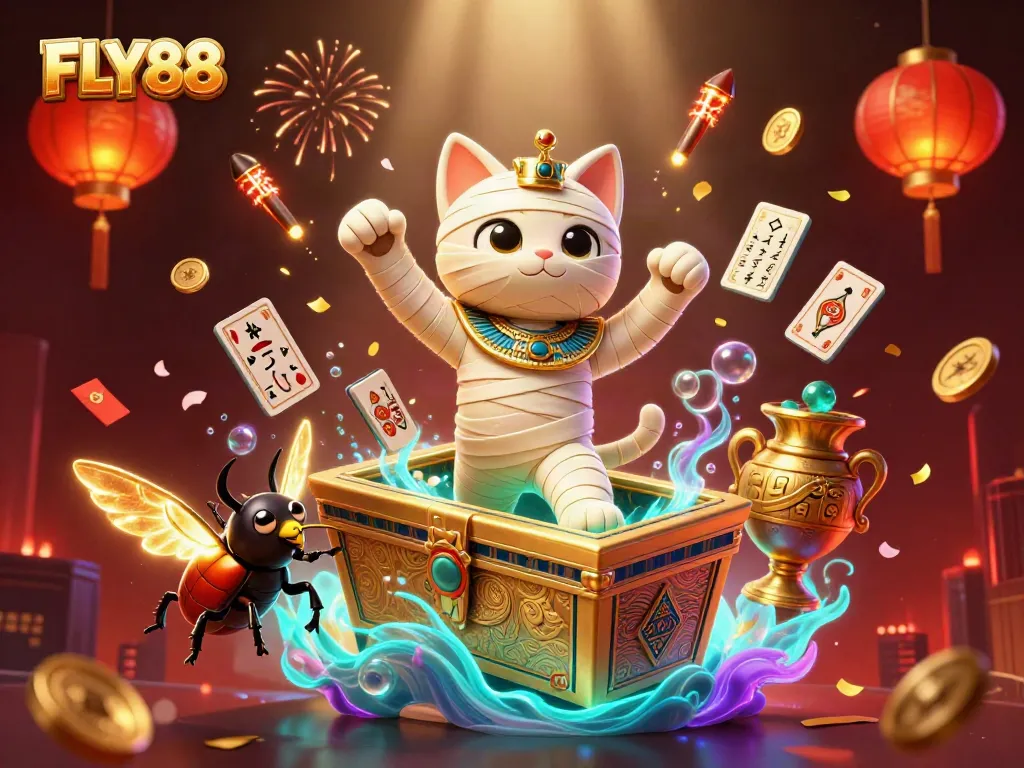 FLY88 attracts players with its Egyptian casino gaming theme featuring a mummy cat and dynamic festive elements.