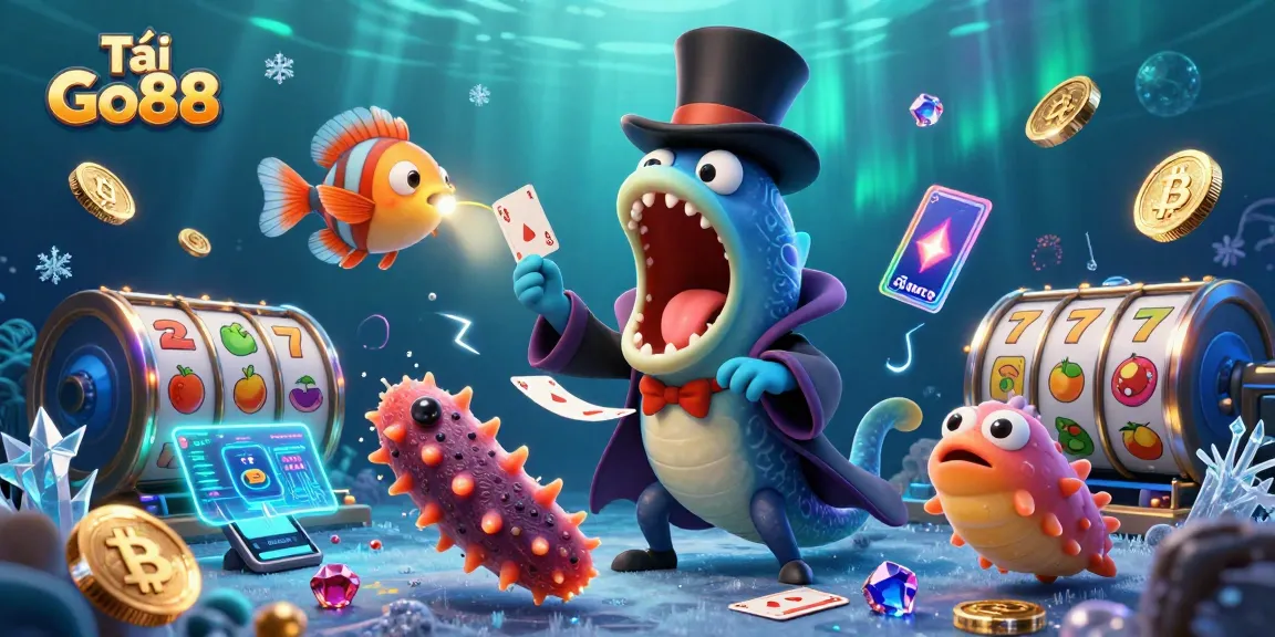 Tải Go88 features engaging characters like an eel magician and a spotlight anglerfish in a vibrant underwater casino scene.