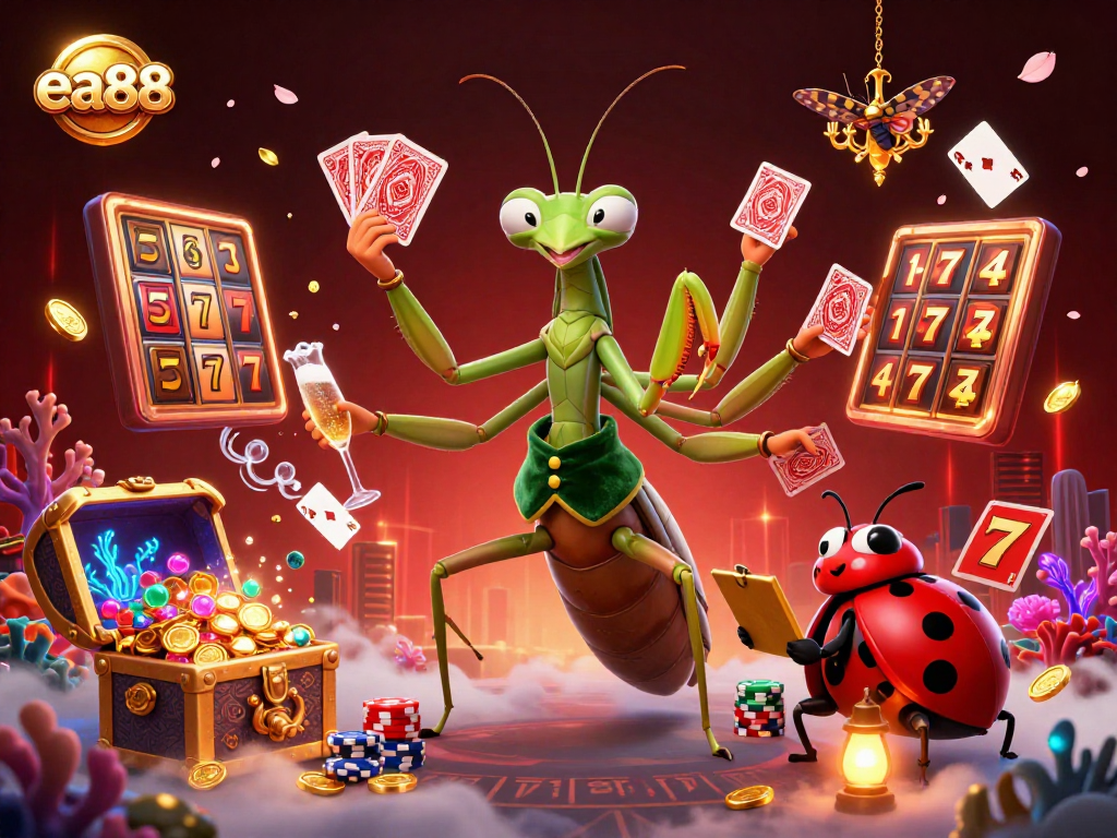 ea88 offers immersive casino excitement with vivid visuals of a giant praying mantis card sharp and lively game elements.