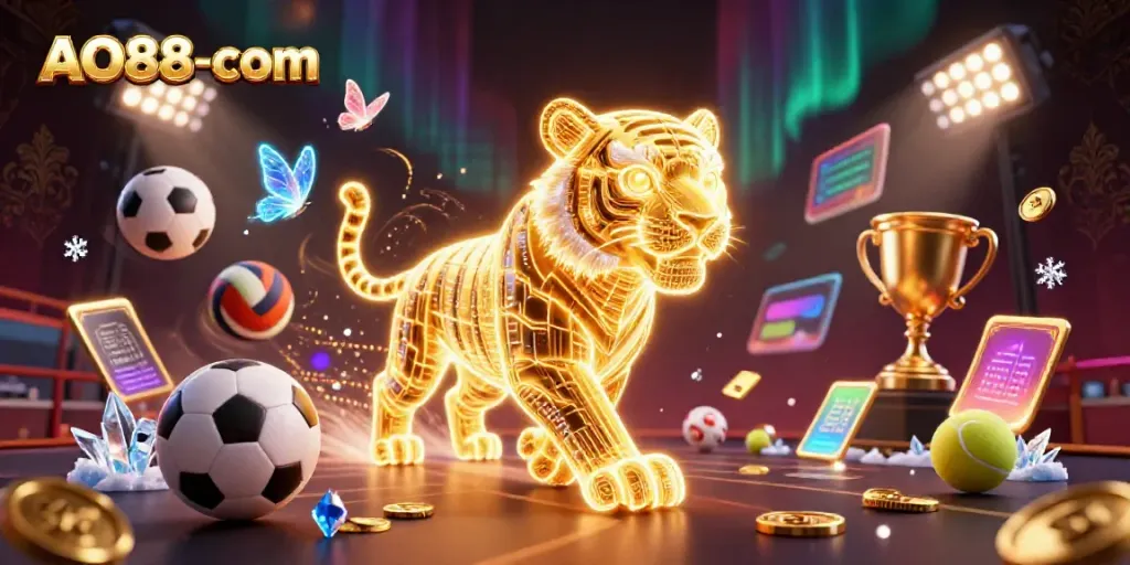 Experience the excitement of AO88-com with a neon tiger and dynamic sports elements in a digital casino.