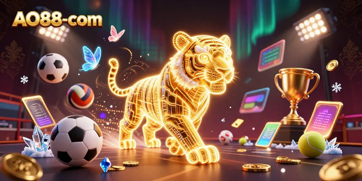 Experience the excitement of AO88-com with a neon tiger and dynamic sports elements in a digital casino.
