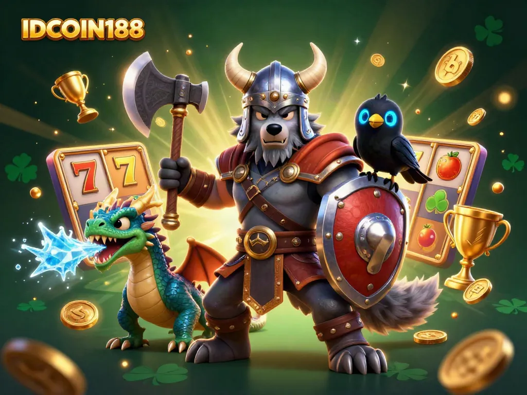 IDCOIN188 showcases vibrant slot gaming action with Viking warrior, dragon, and raven amidst dynamic game elements.